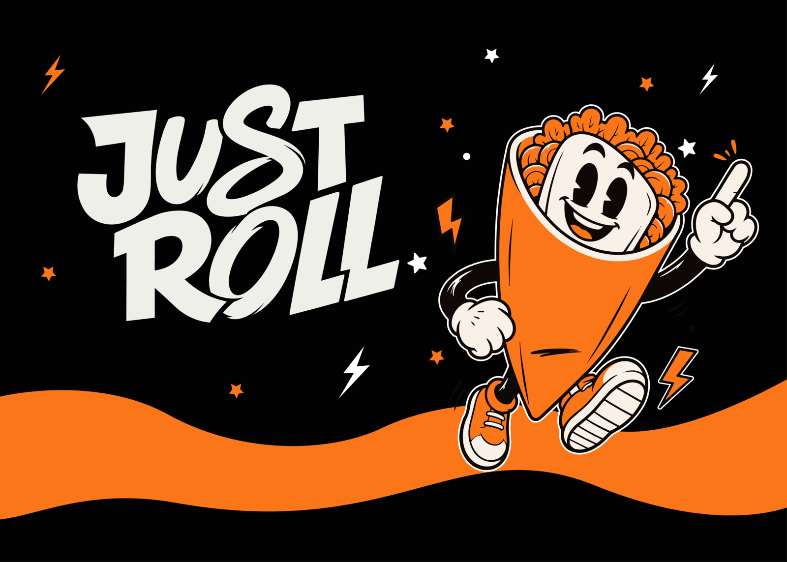 Gestaltung der Trailer-Seite: Just-Roll-Logo, Maskottchen und orange Welle auf Schwarz