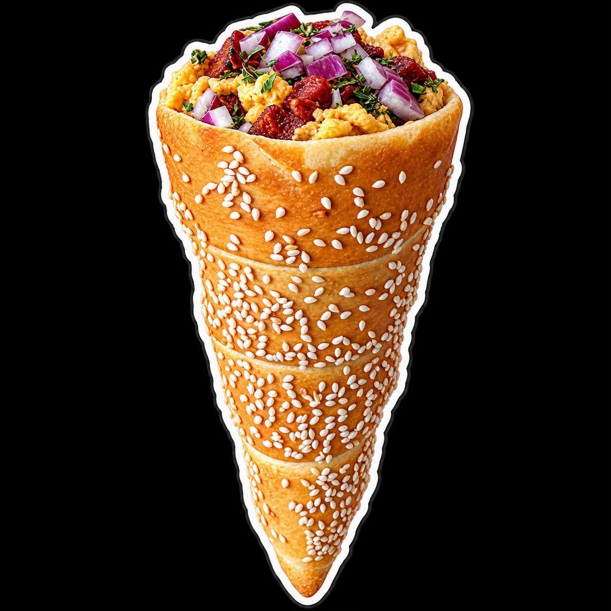 Roll mit Sesamhülle, gefüllt mit Fleisch, Zwiebeln und Kräutern