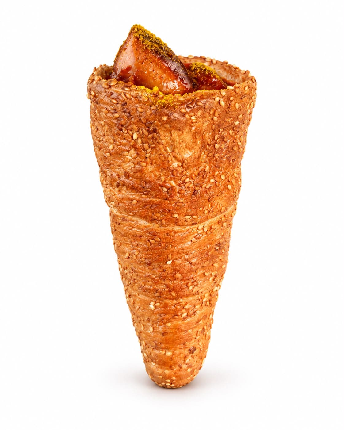 Currywurst-Roll: Simit-Hülle mit Sesam, gefüllt mit Currywurst, Soße und Currypulver