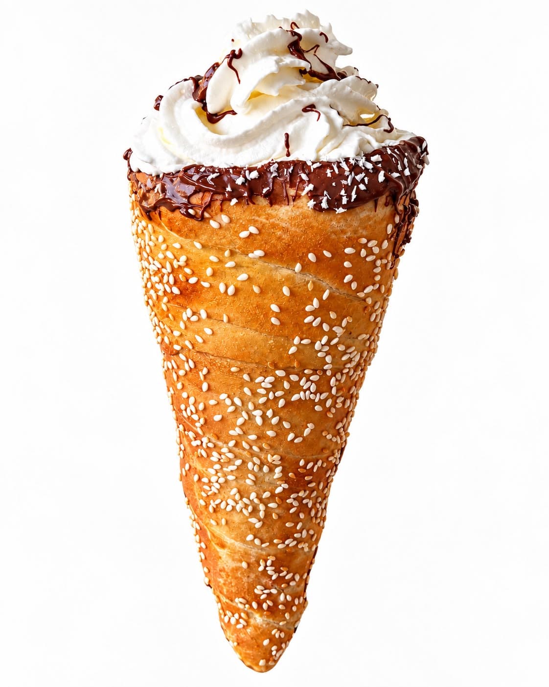 Dessert-Roll: Simit-Hülle mit Sesam und Schokoladenrand, gefüllt mit Sahne und Schokoladensoße