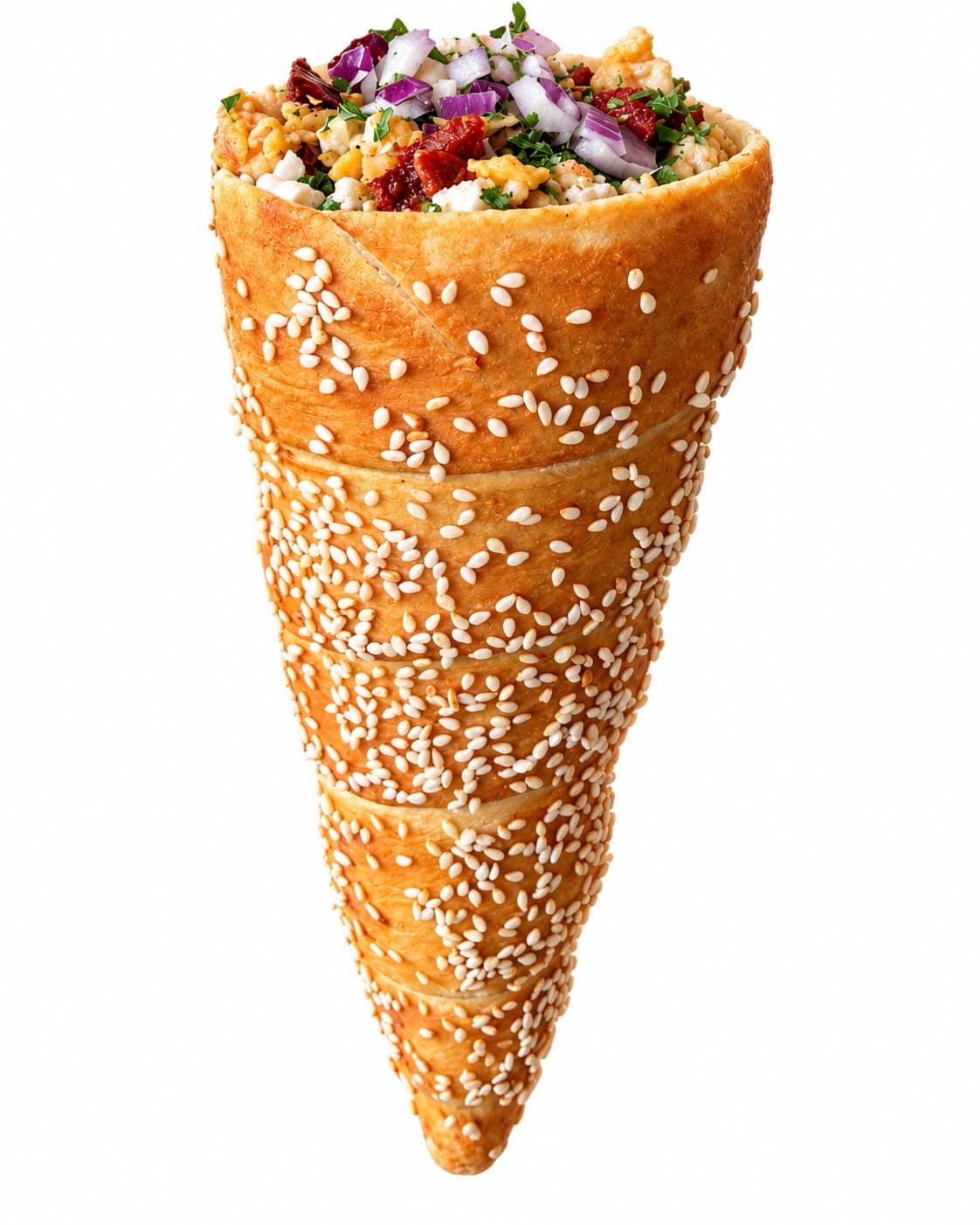 Sucuk-Roll: Simit-Hülle mit Sesam, gefüllt mit Rührei, Sucuk, roten Zwiebeln und Kräutern